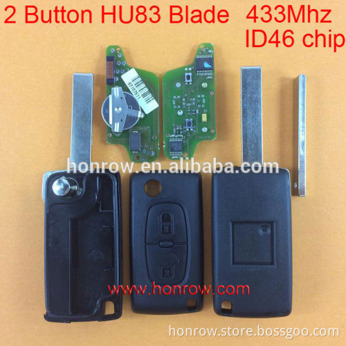 Peugeot 2 button flip remote key with HU83 407 blade 433Mhz ID46 Chip
